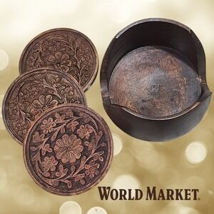 World Market Hand Carved Floral Wood Coasters Brown OS